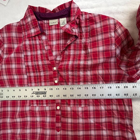 L.L.Bean Womens Red Plaid Long Sleeve Pintuck Button-Up Shirt Large 100% Cotton - Picture 6 of 7